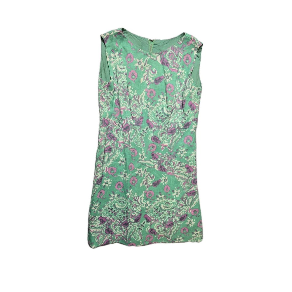 Vintage Women's Dress Green Pink Floral  Adele Simpson 14-16
